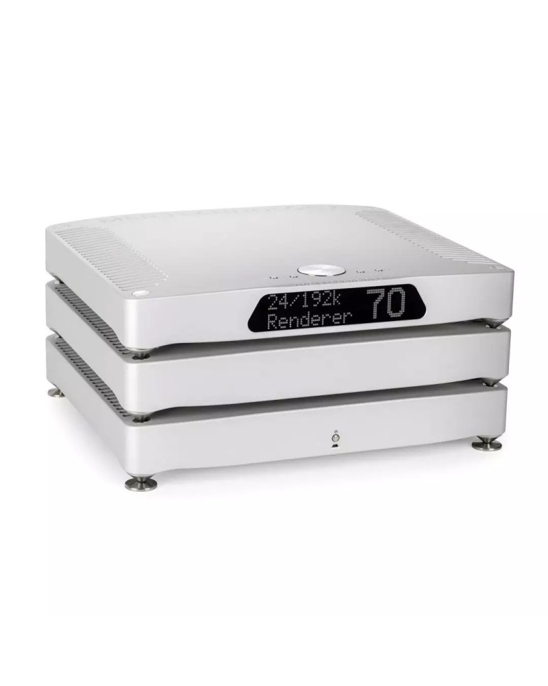 MSB The Cascade DAC — système à trois châssis, finition argent (vue 3/4, afficheur Renderer)