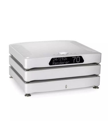 MSB The Cascade DAC — système à trois châssis, finition argent (vue 3/4, afficheur Renderer)